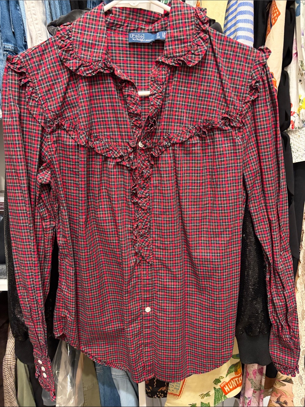 Polo by Ralph Lauren Red and Green Plaid Ruffle-Trim Button-Down Shirt